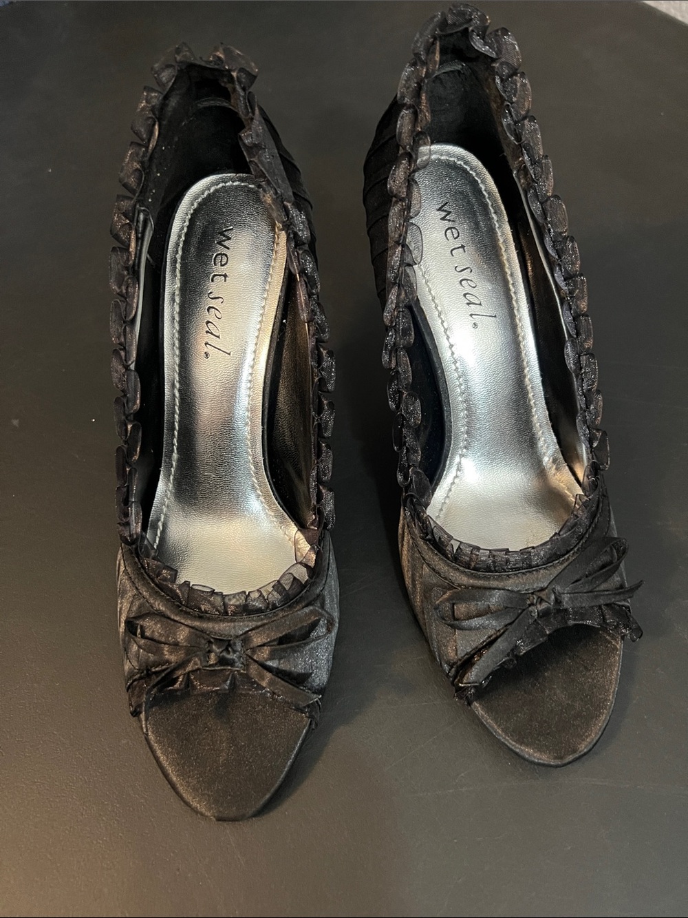 Wet Seal Black Peep Toe Heels with Bow Accent